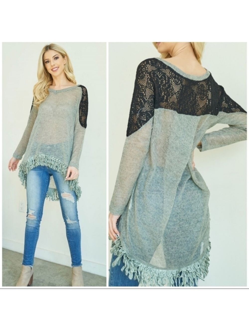 𝅺💚HP💚RYU A'reve Semi Sheer Grey Sweater V-neck Crochet Detail Fringe Hem